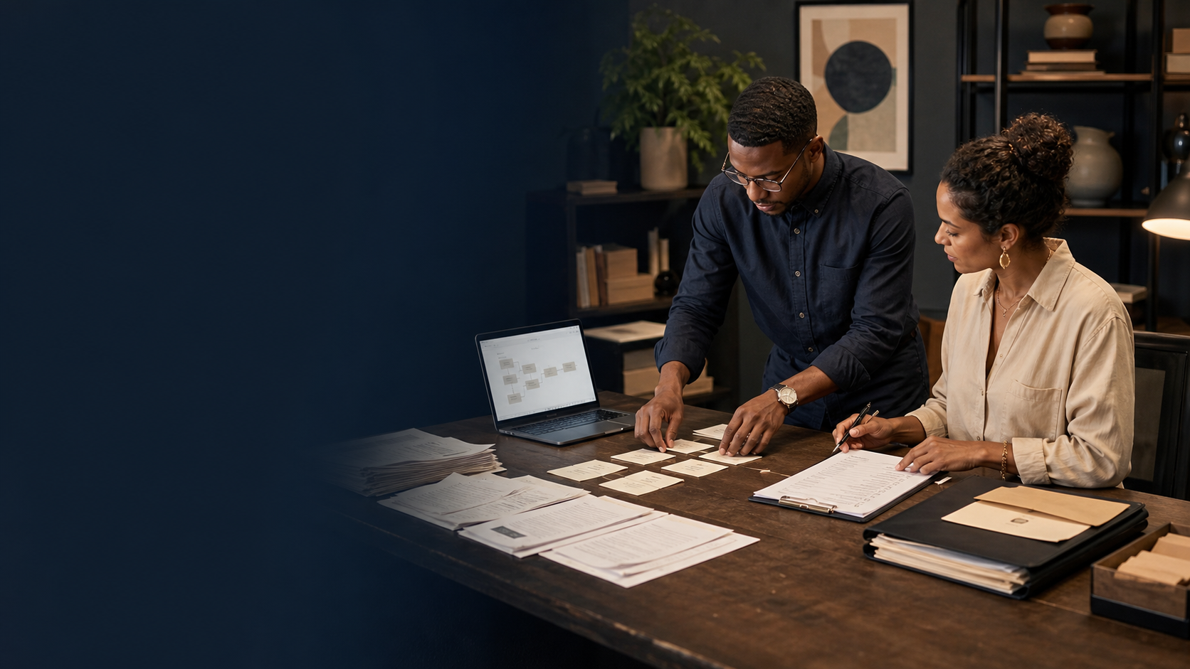 A business owner and consultant mapping a repeated task into a software-assisted workflow