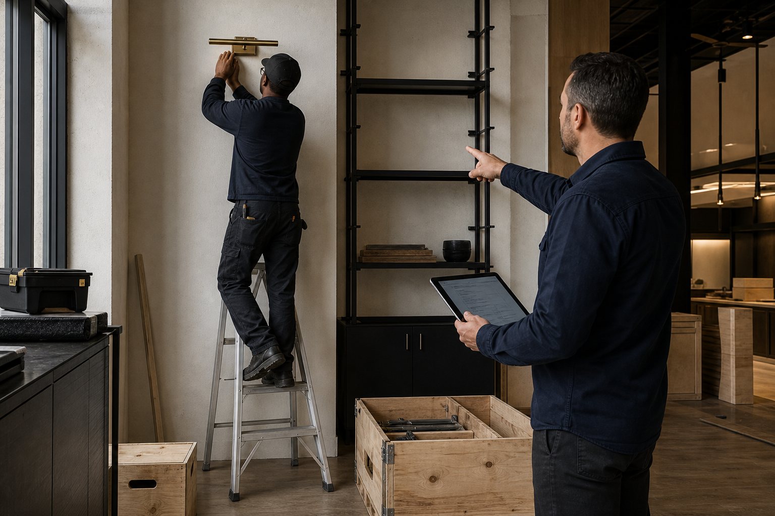 A consultant coordinates fixture and supplier work inside a commercial space