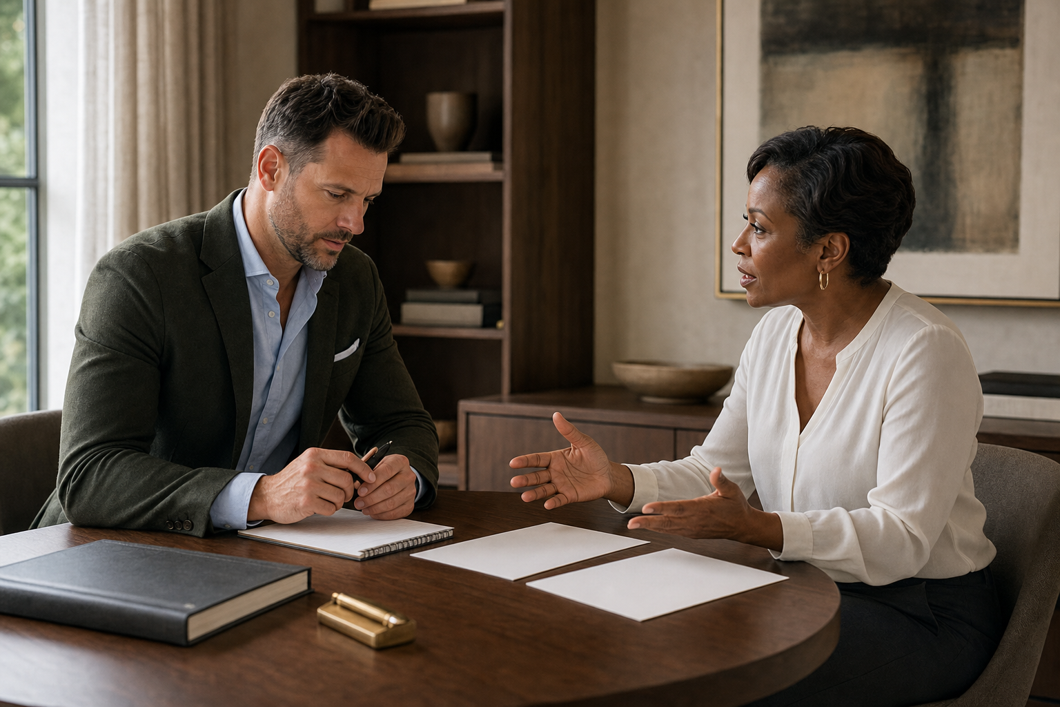 A consultant listens as a business owner explains a project during a private meeting