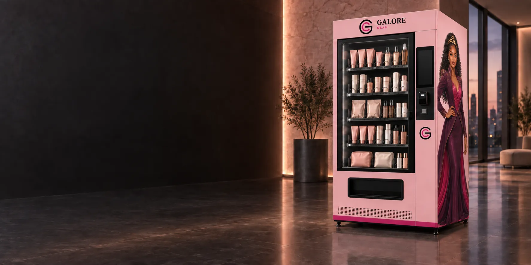 Blush Galore Glam machine-wrap design visualization showing the logo on the header and the Muse on the side panel