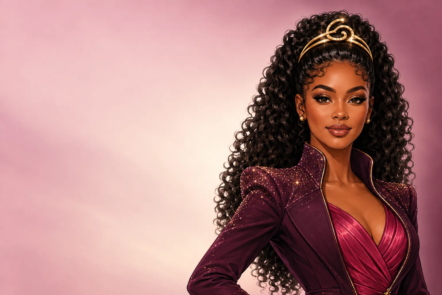 The illustrated Galore Muse with a nested-G tiara, long curls, and an aubergine jacket