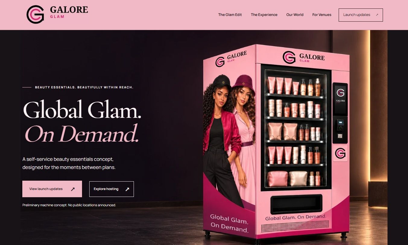 Galore Glam website with a blush machine concept and the headline Global Glam. On Demand.