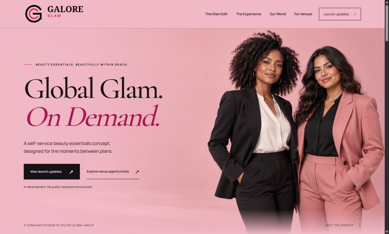 Galore Glam website with its blush brand palette and Global Glam. On Demand. headline