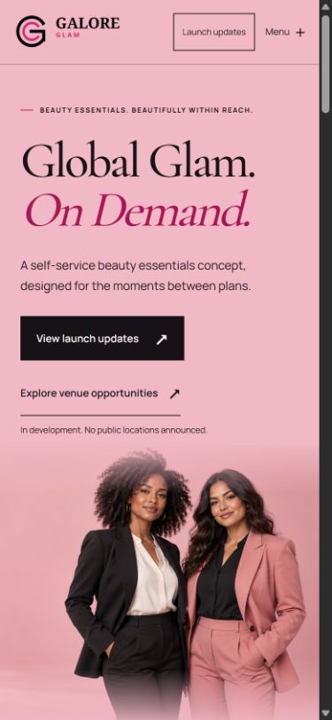 Galore Glam mobile homepage with the same branding and a stacked, touch-friendly layout