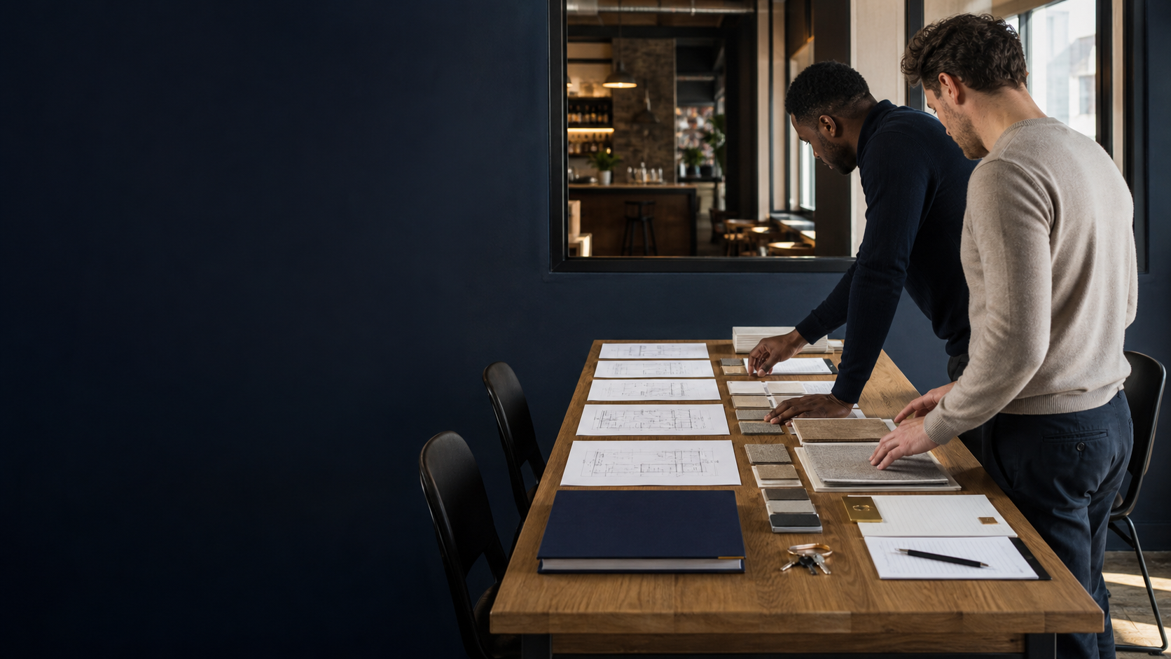 Two business operators organizing plans and materials beside a finished commercial space
