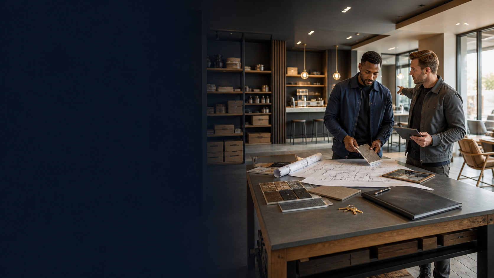 Two people reviewing plans and materials in a nearly completed commercial space