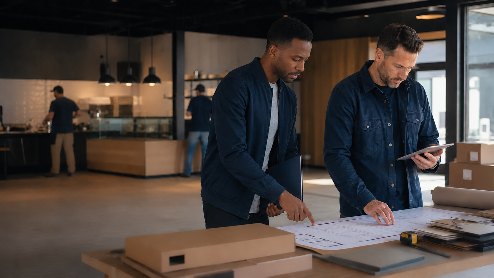 Two people reviewing business plans inside a commercial space