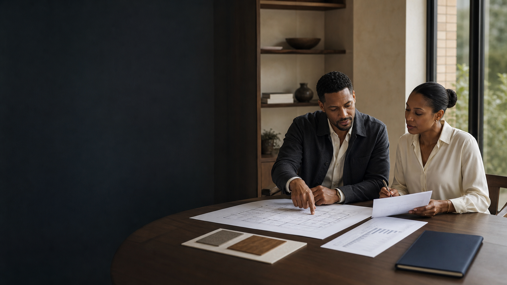 A business owner and consultant reviewing a floor plan and project choices