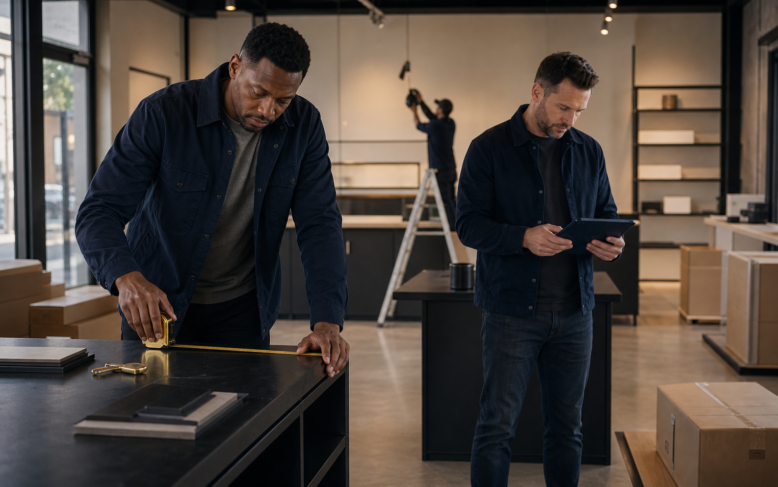Two people checking a commercial space before opening