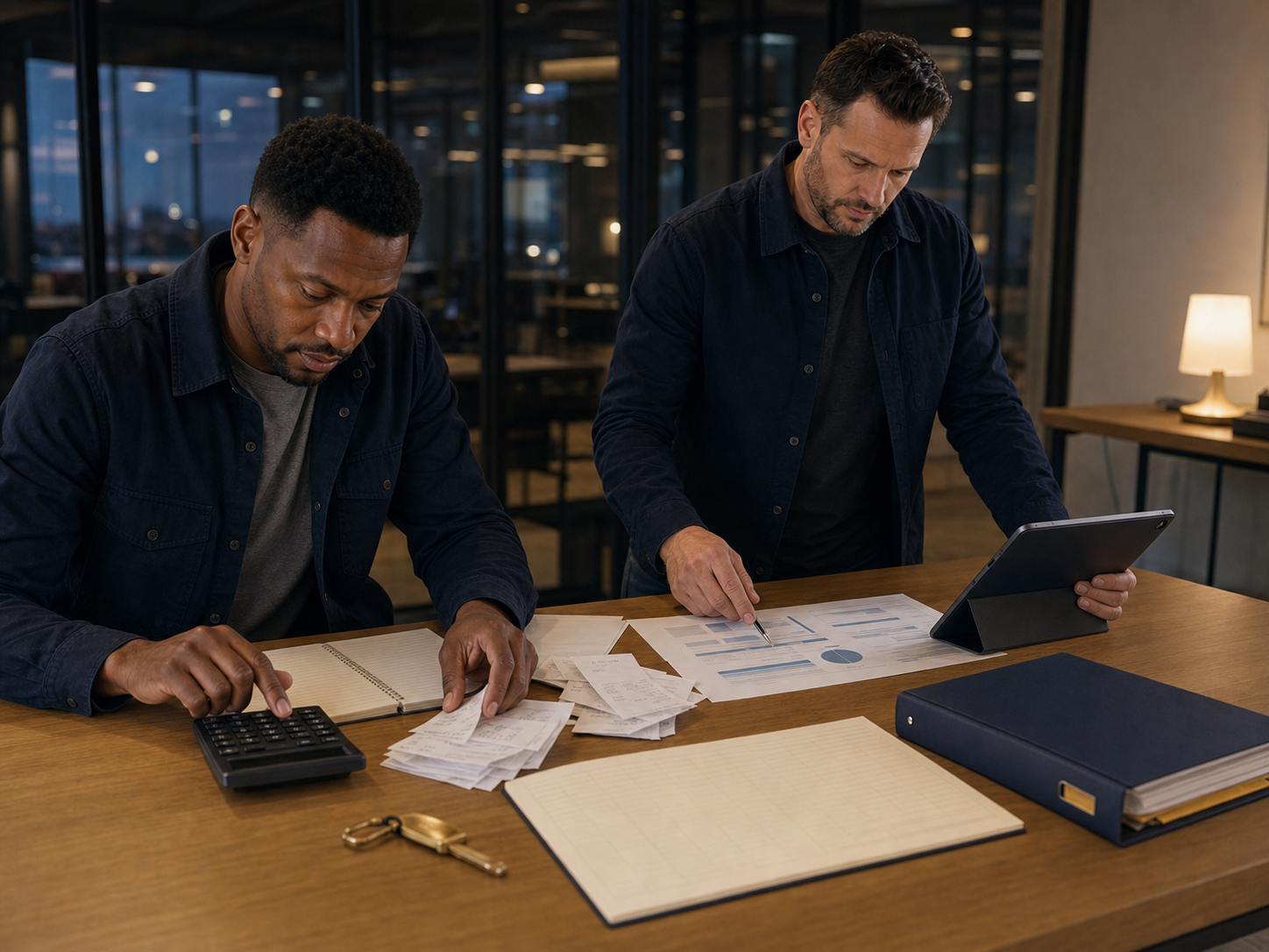 Two people reviewing receipts, expenses, and a business report